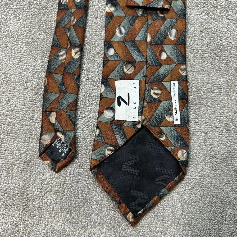 Ziggurat Mulberry Neckwear Silk Tie Brown Blue Geometric Chevron Abstract Tie